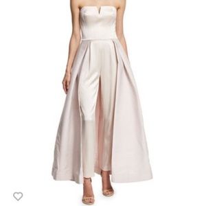 Halston Heritage flattering strapless jumpsuit gown in pink.